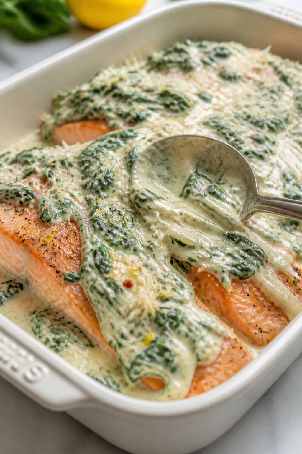 Cooking process close-up: Salmon fillets nestled in a lightly greased white ceramic baking dish, par