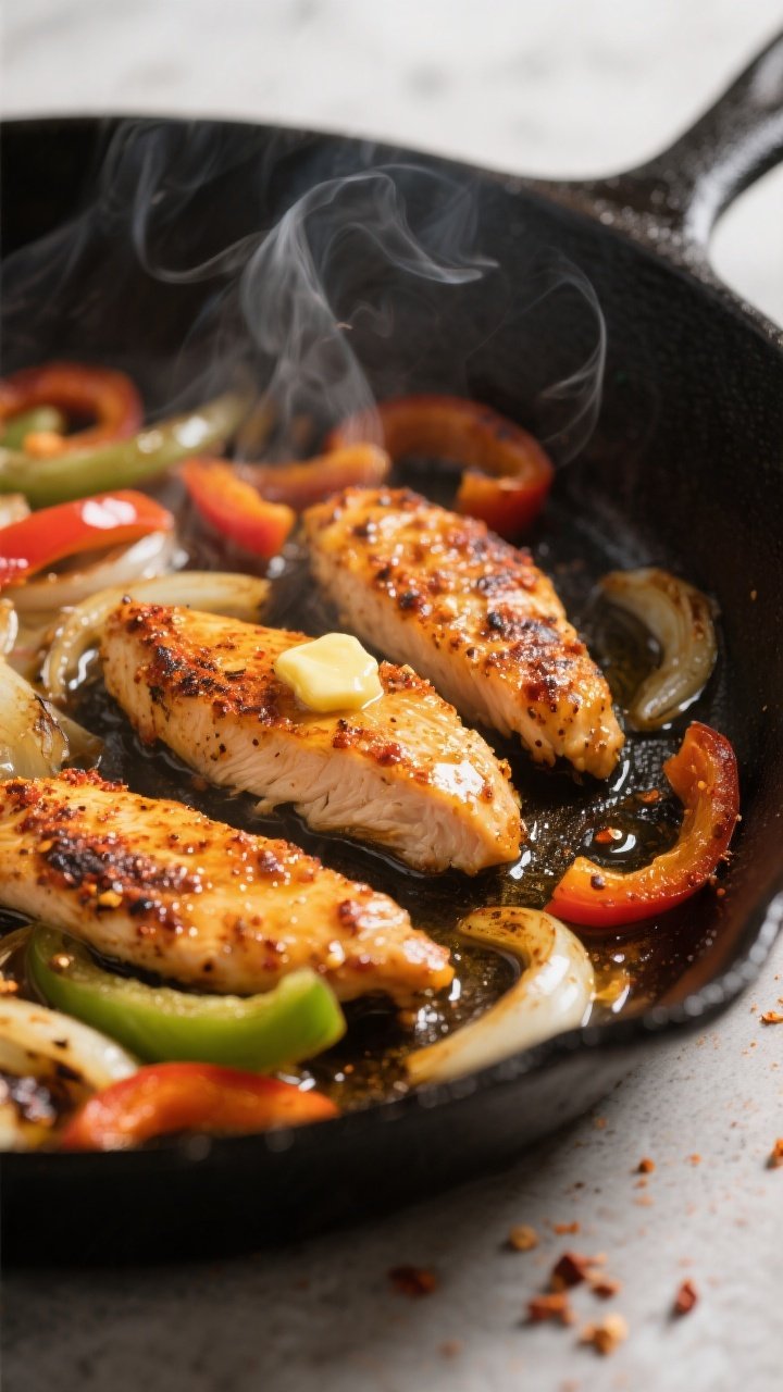 Cooking process, close-up: Searing Cajun-seasoned chicken strips in a large skillet, golden-brown ed