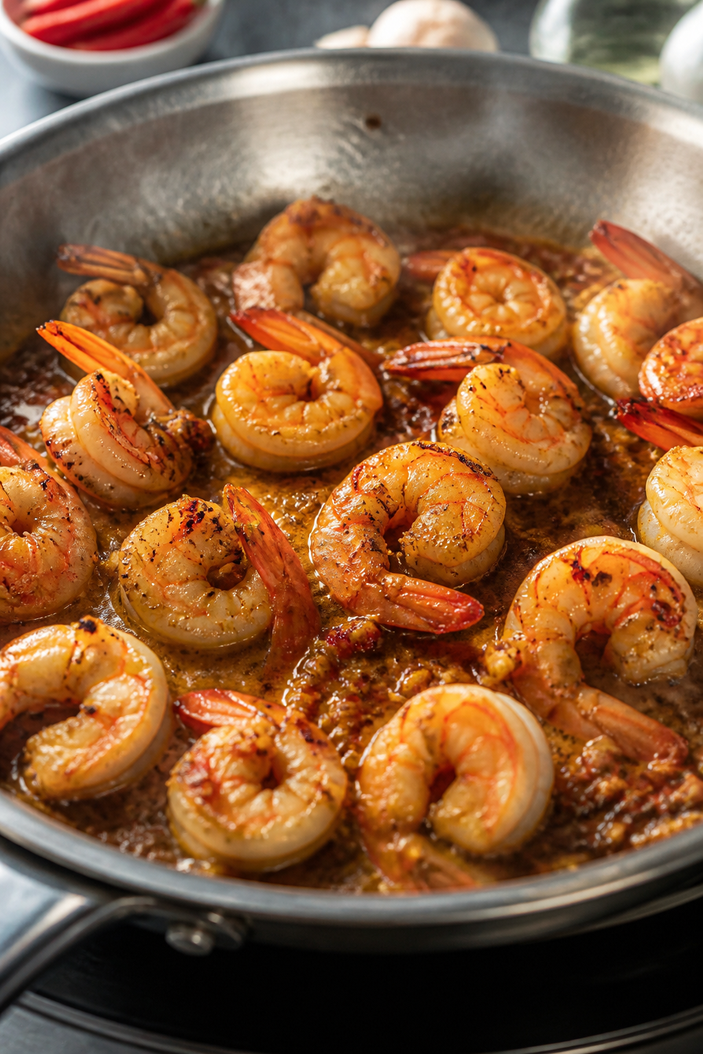 Cooking process close-up: Searing garlic-chili shrimp in a large skillet, shrimp just turning pink a