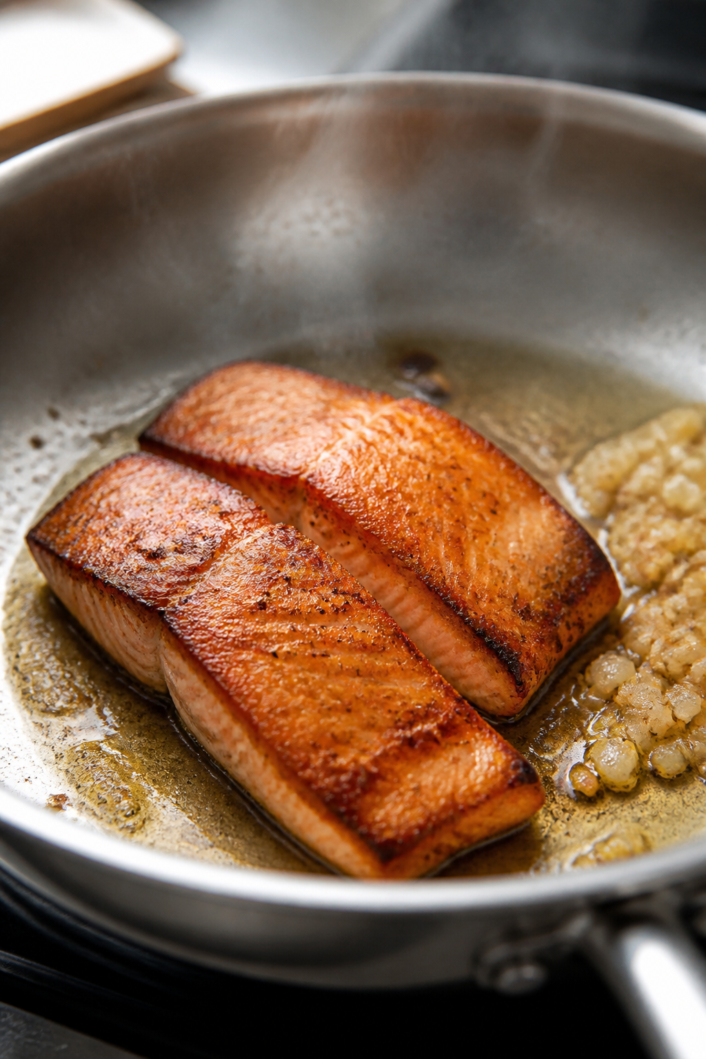 Cooking process, close-up: Searing salmon fillets presentation-side down in a stainless skillet, gol