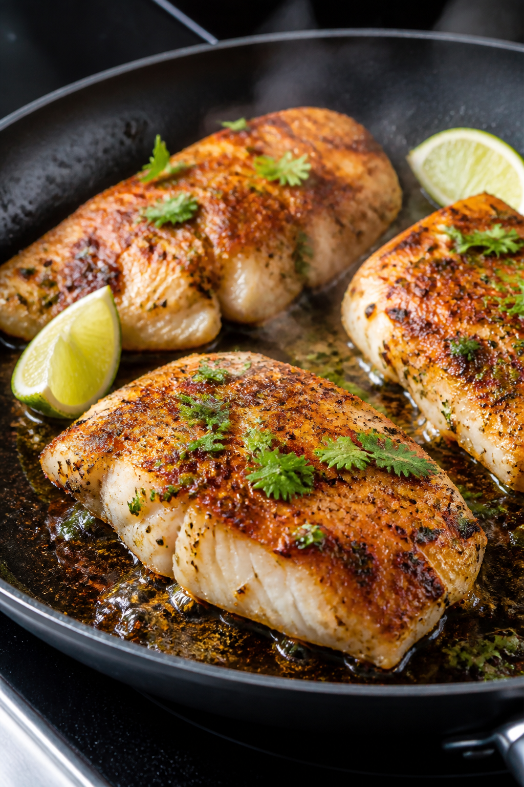Cooking process close-up: Seasoned white fish fillets sizzling in a hot nonstick skillet, surface li