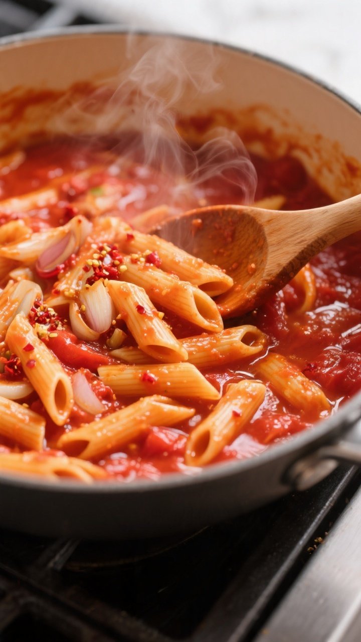 Cooking process, close-up: Shallow-depth close-up of pasta simmering in a wide pot of vivid crushed 