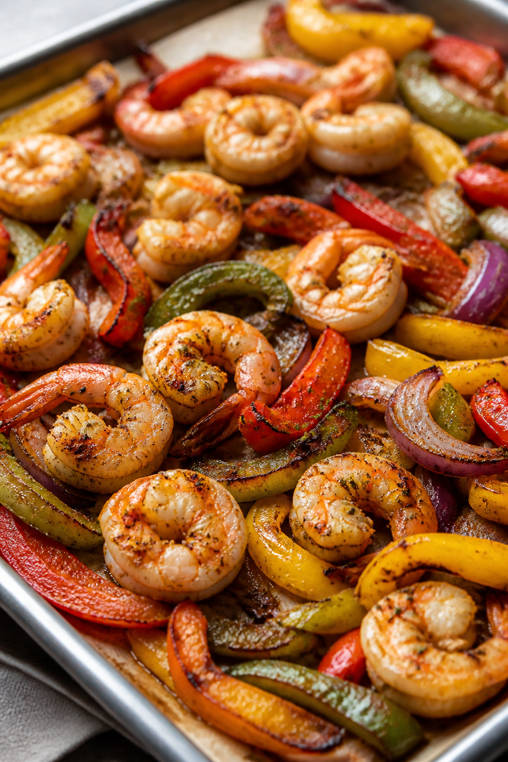 Cooking process close-up: Sheet pan shrimp fajitas mid-roast at 425°F—plump pink shrimp just turn