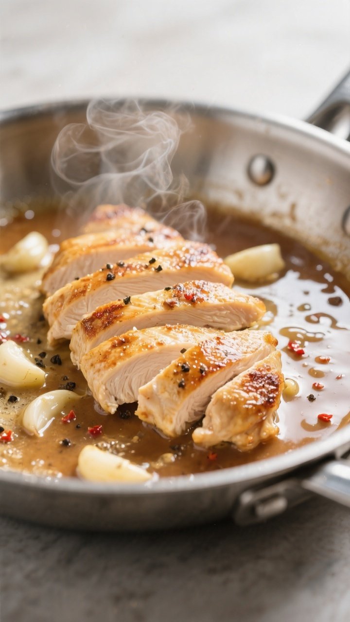 Cooking process, close-up: Sliced, golden-seared chicken cutlets resting on a warm skillet beside a