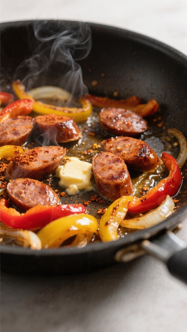Cooking process close-up: Slices of browned andouille sausage sizzling in a large skillet with light