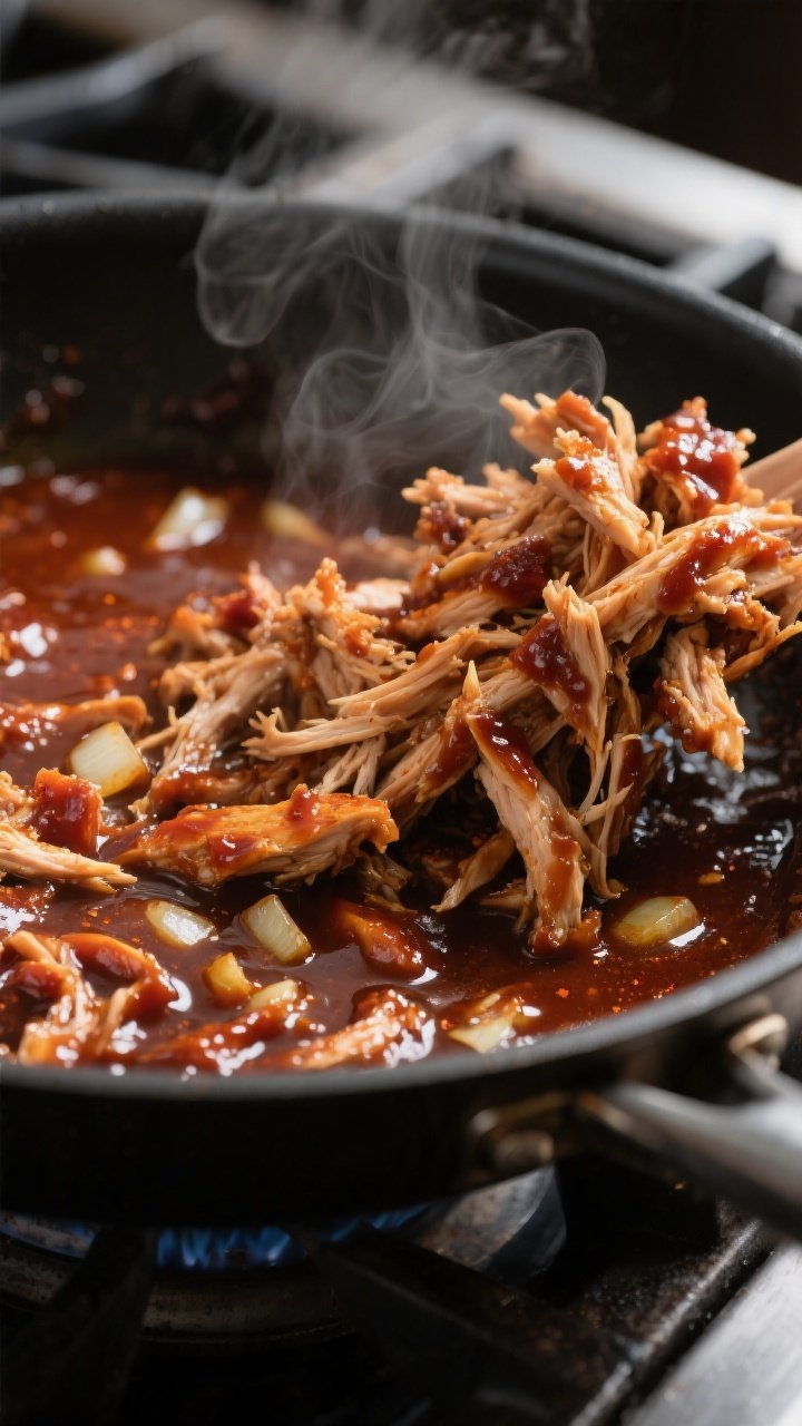 Cooking process close-up: Tender shredded BBQ chicken being tossed back into a glossy, simmering sau