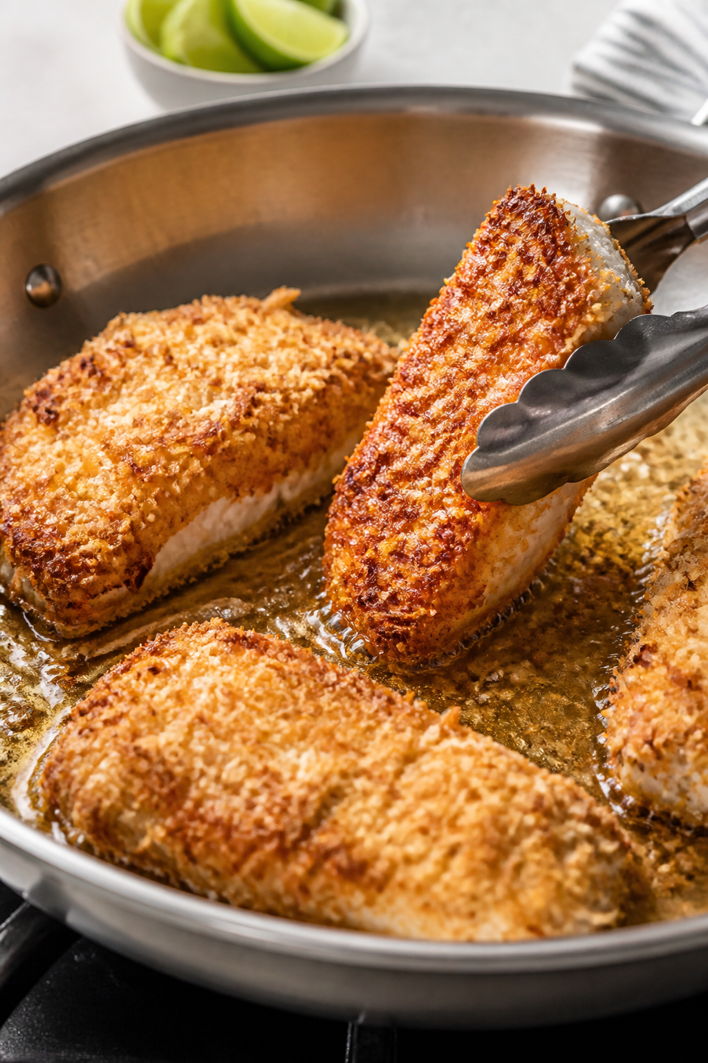 Cooking process: Coconut-crusted fish frying in a large skillet with 1/4 inch of shimmering oil, mid