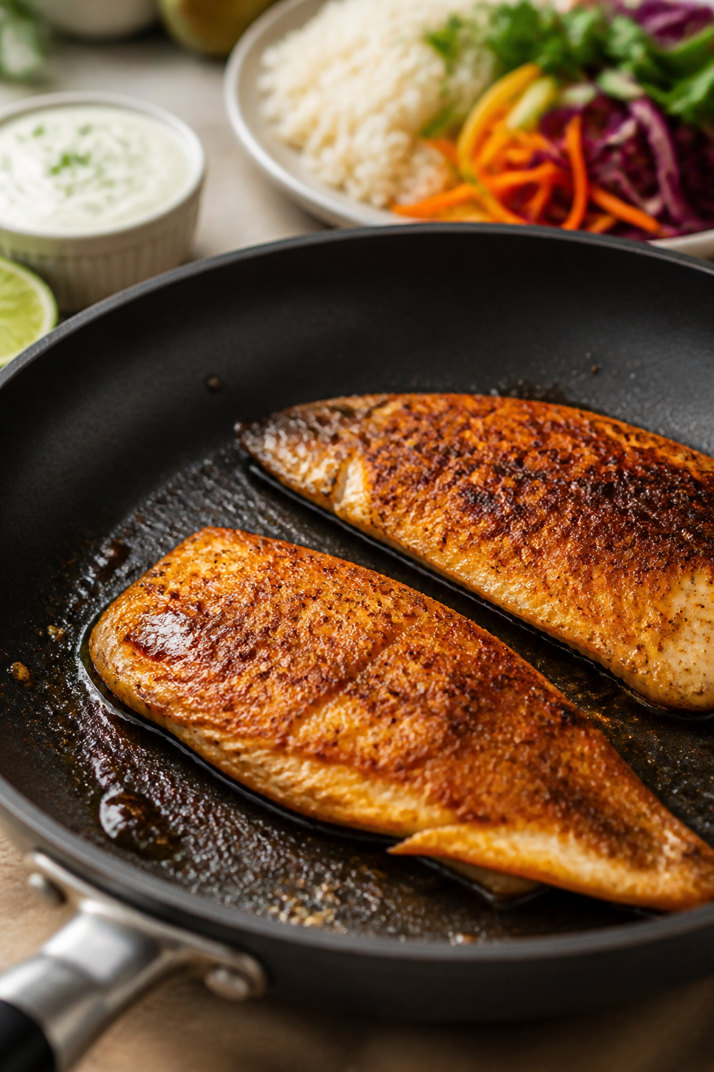 Cooking process: Fish taco bowls being prepared—seasoned fish fillets sizzling in a large nonstick