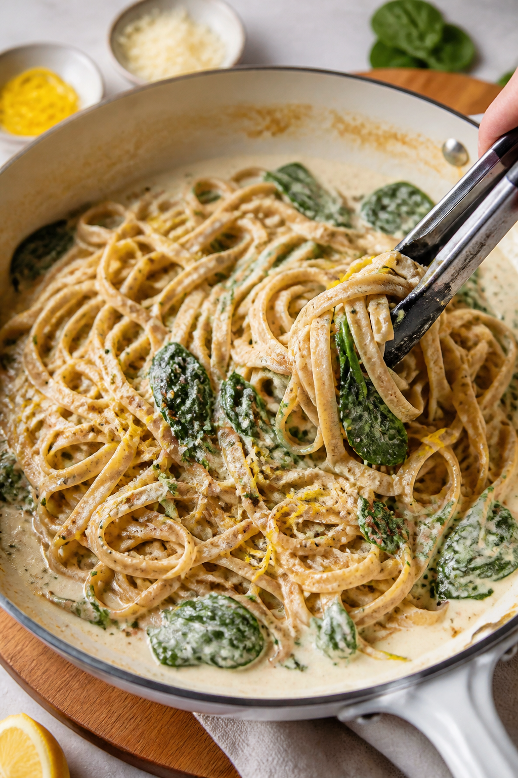 Cooking process: Lighter Alfredo sauce coming together in the skillet—silky broth-and-milk base wh