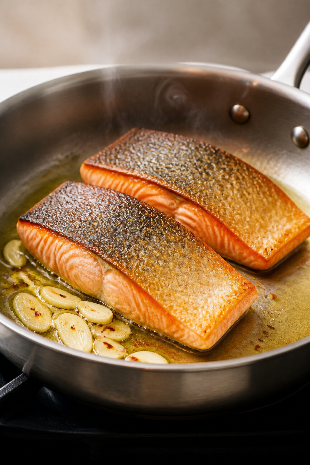 Cooking process, mid-action: Seared salmon fillets skin-side down in a stainless skillet, skin crisp
