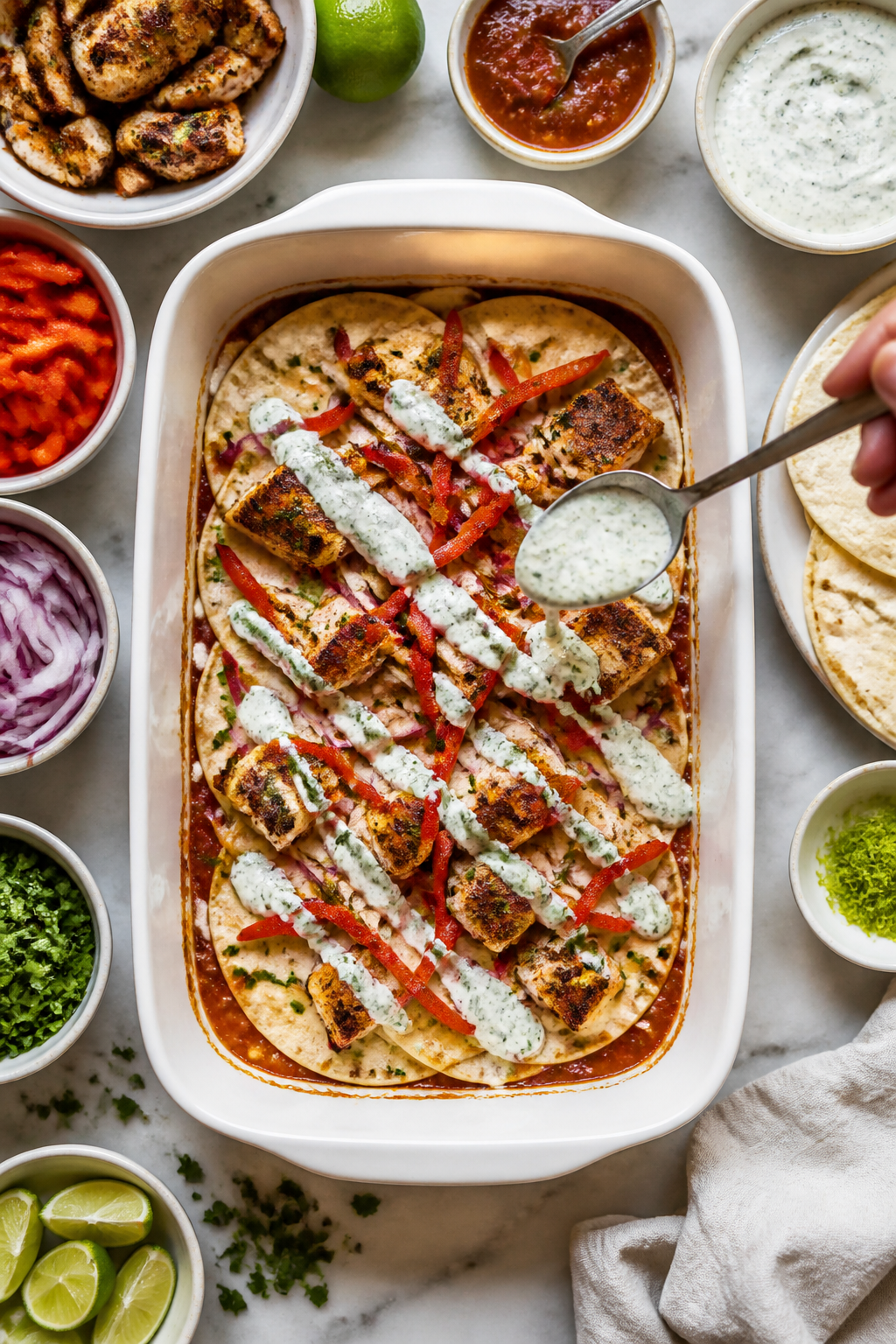 Cooking process: Mid-assembly casserole scene from above, showing smart layering—half the salsa sp