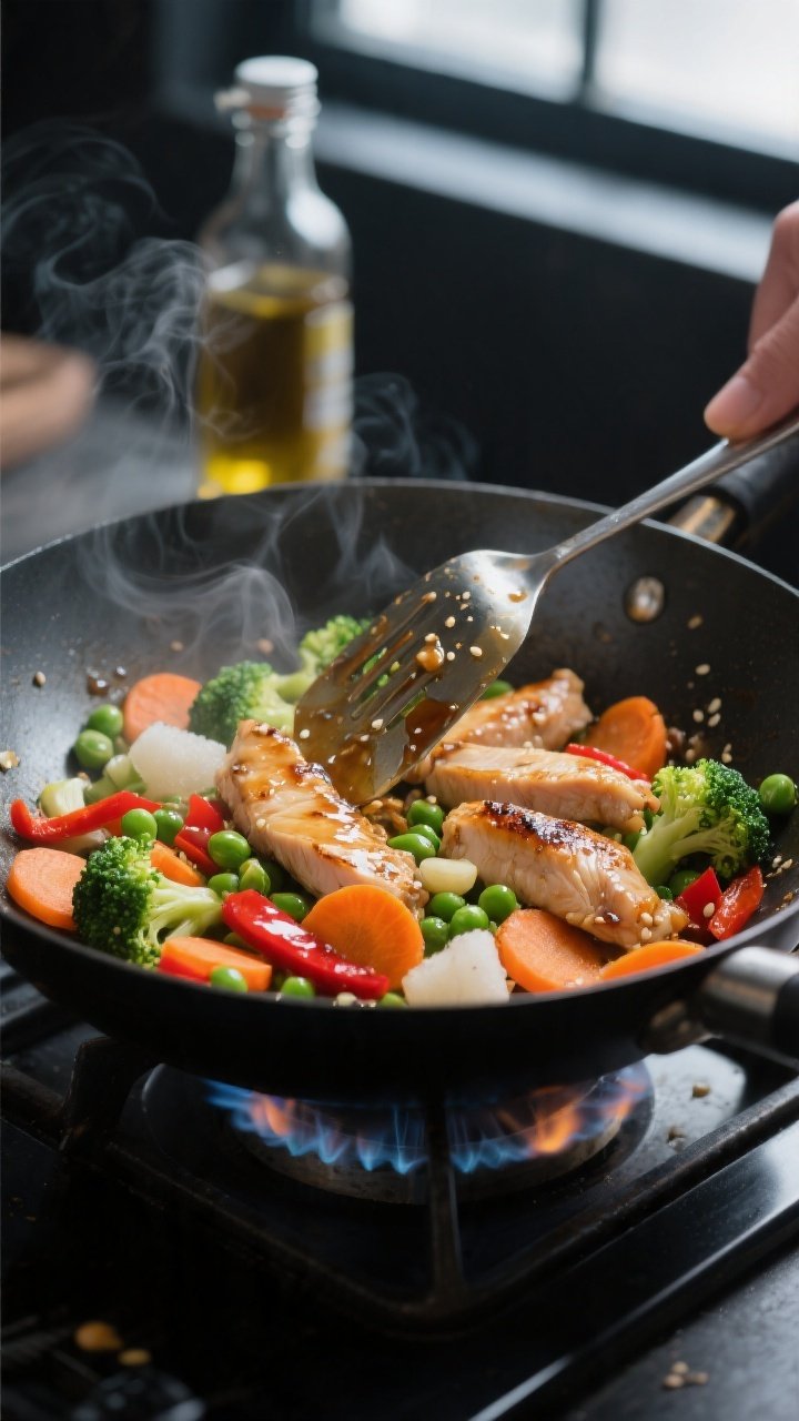 Cooking process, mid-stir: Sizzling chicken thigh strips and frozen mixed vegetables (broccoli flore