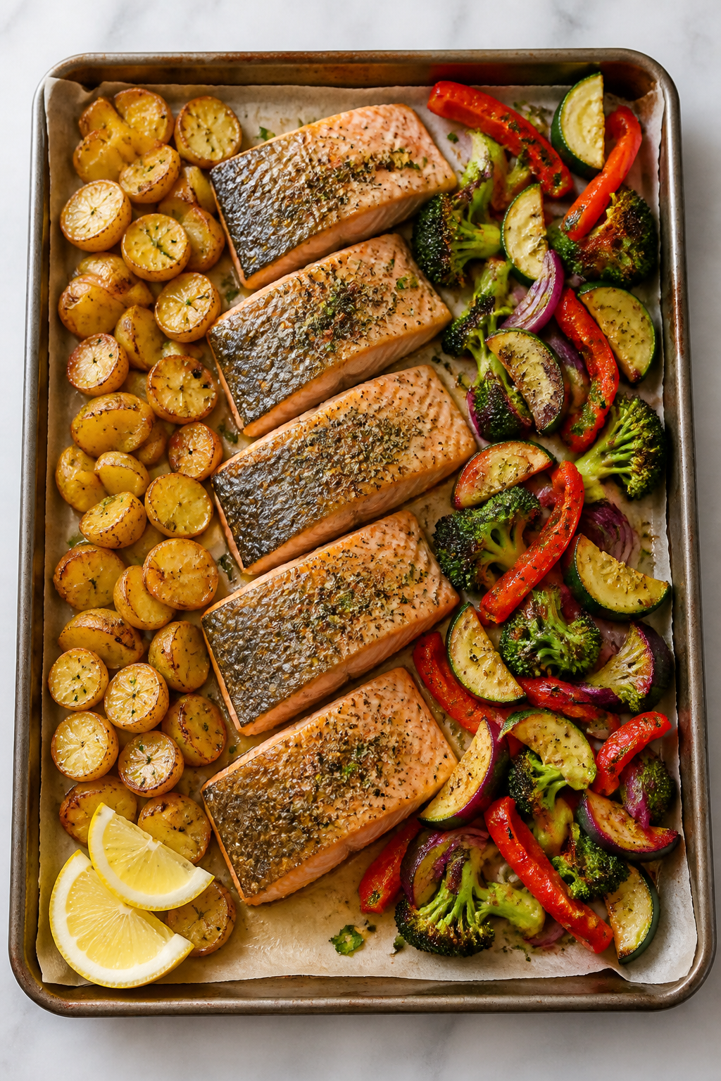 Cooking process, overhead: Overhead shot of a rimmed sheet pan just after adding the salmon, showing