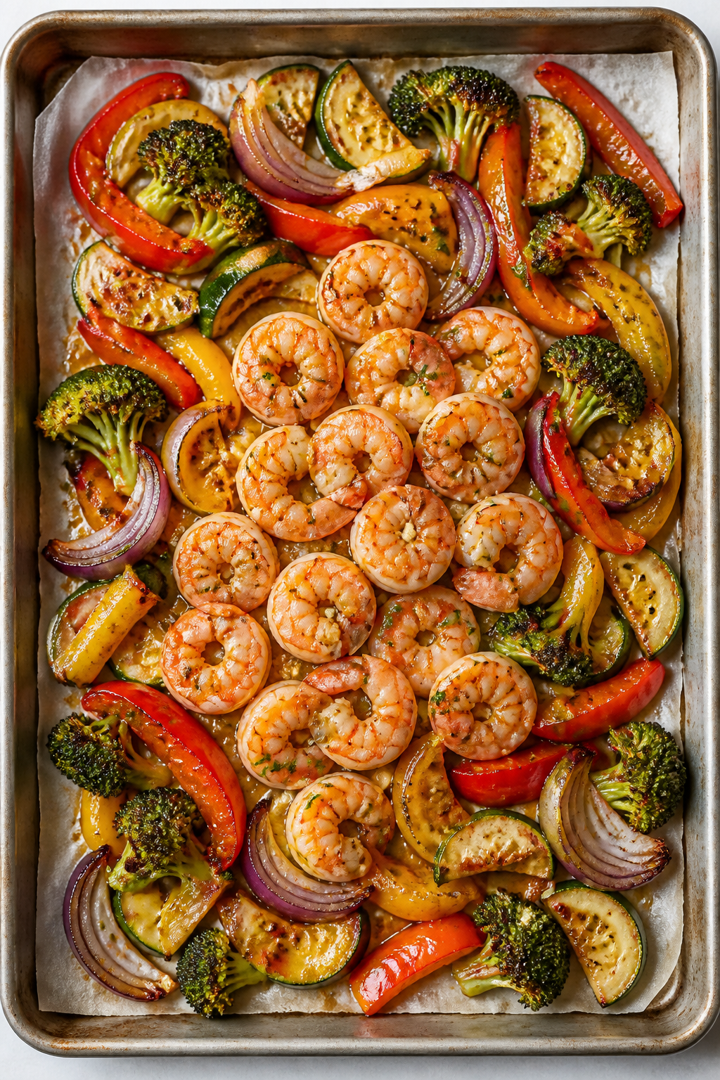 Cooking process, overhead: Sheet pan garlic-lime shrimp and veggies mid-roast at 425°F, overhead sh
