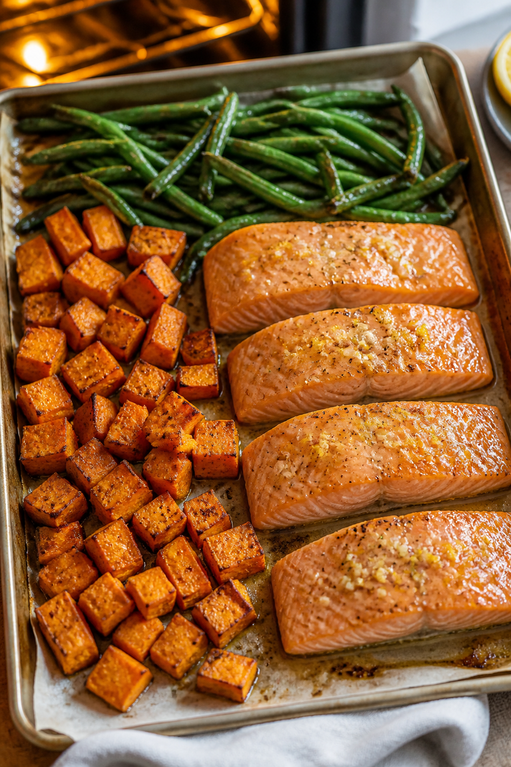 Cooking process, overhead: Sheet pan with roasted sweet potato cubes pushed to one side, crisp-tende