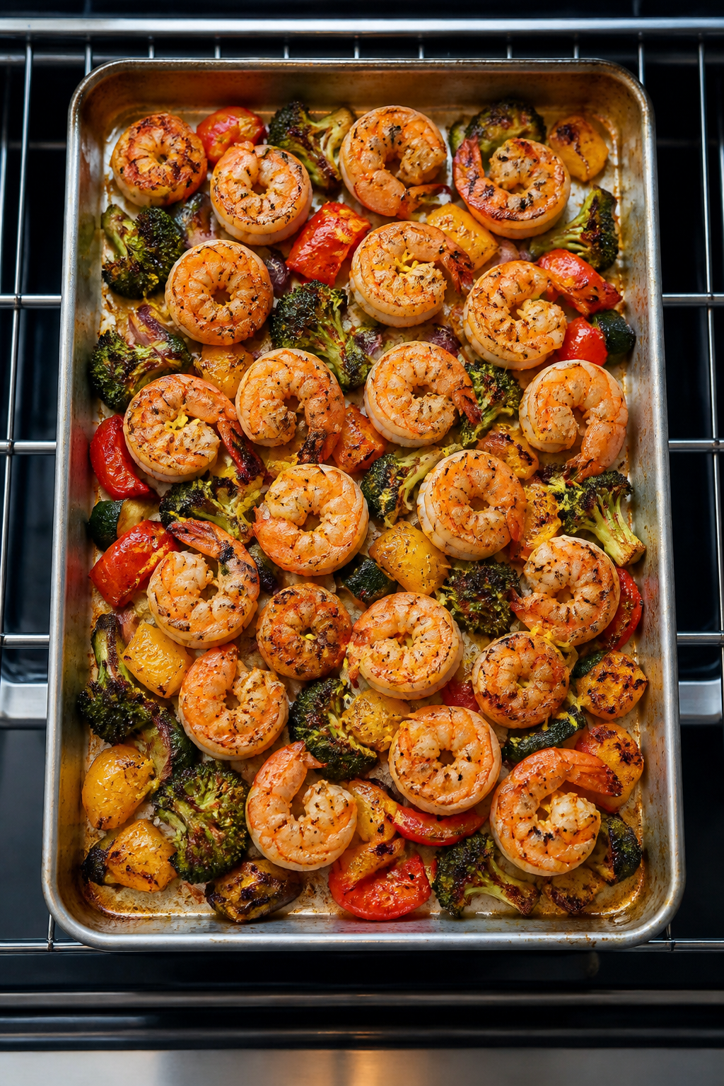 Cooking process: Overhead shot mid-bake as the pan returns to the oven—vegetables already carameli