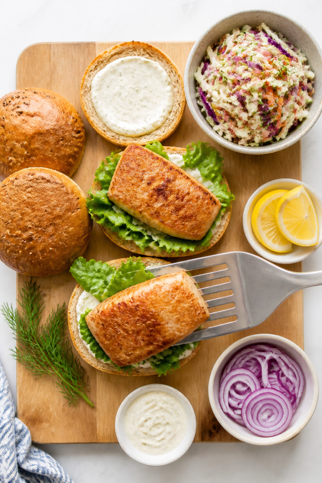 Cooking process: Overhead shot of bun assembly in progress on a clean board—lightly toasted whole-