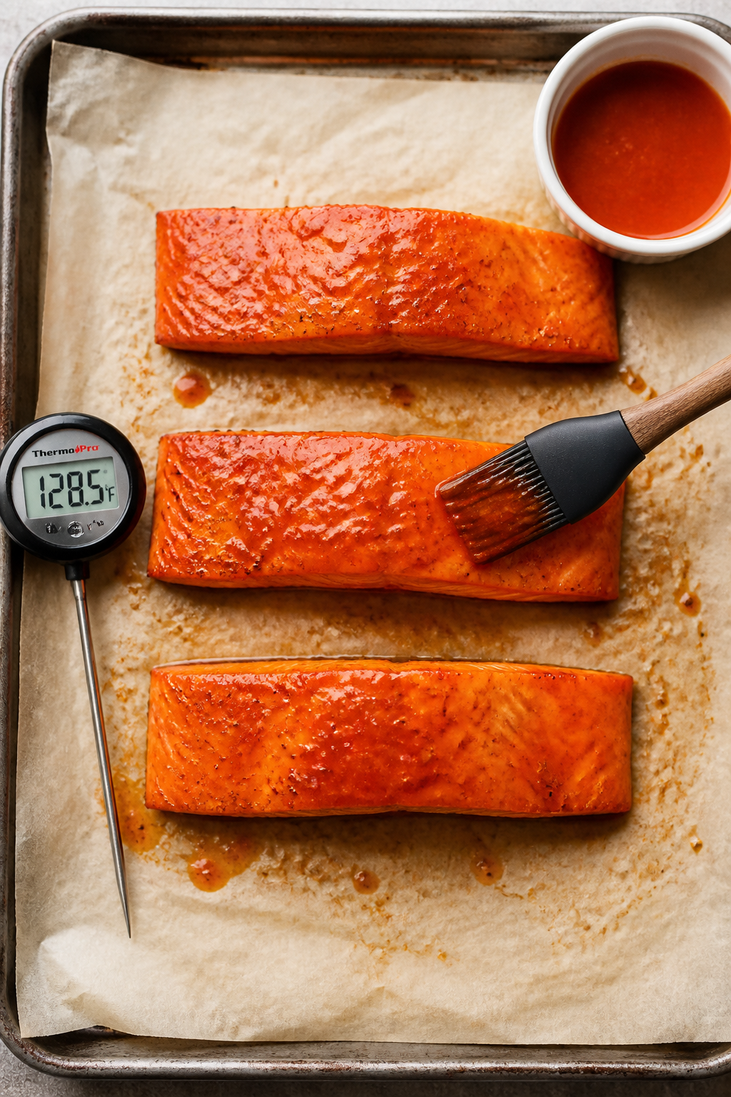 Cooking process: Overhead shot of salmon being brushed with warm Buffalo sauce during the last 2 min