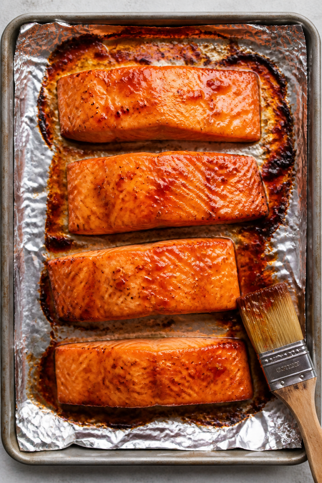 Cooking process: Overhead shot of salmon fillets on a foil-lined sheet pan after the first roast and