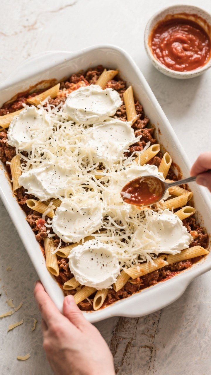 Cooking process: Overhead shot of the layering step in a 9x13 baking dish—half the ziti folded wit