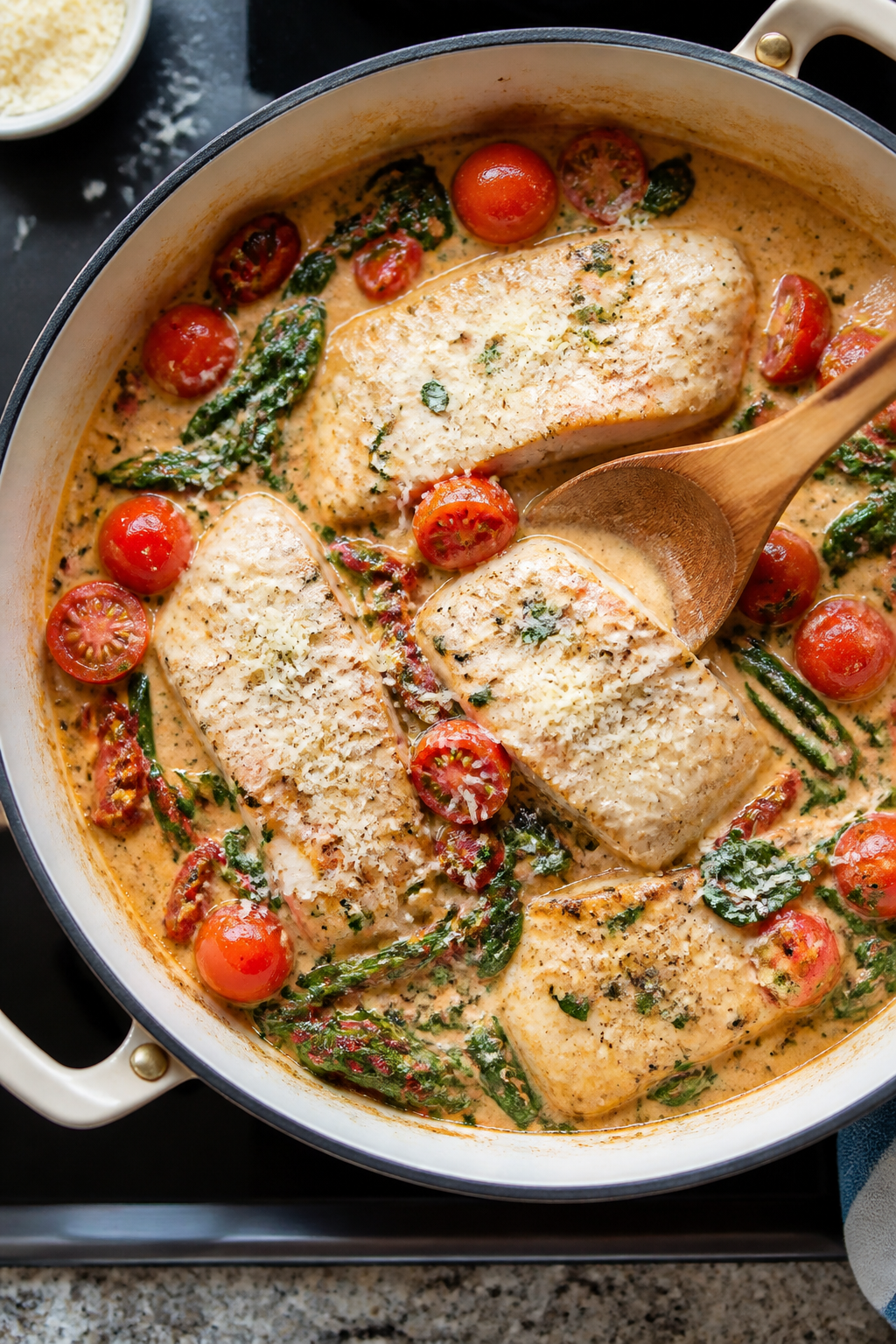 Cooking process: Overhead shot of the Tuscan cream sauce simmering in a wide skillet—sun-dried tom