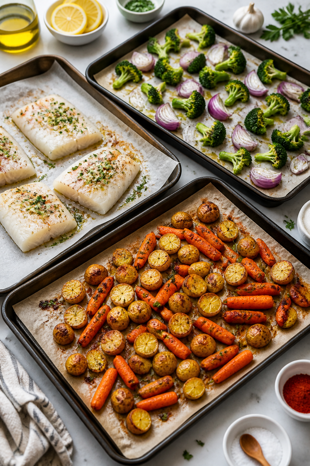Cooking process: Overhead shot of two parchment-lined sheet pans mid-roast at 425°F—front pan wit