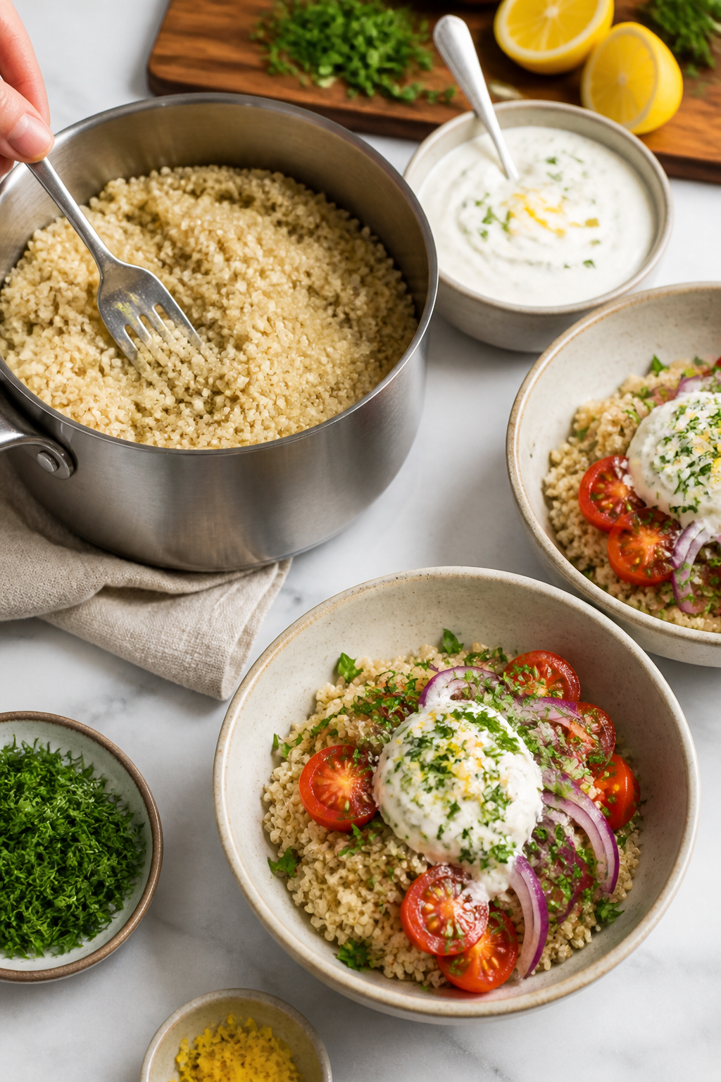 Cooking process: Quinoa being fluffed in a saucepan with a fork—pearled, fluffy grains catching li