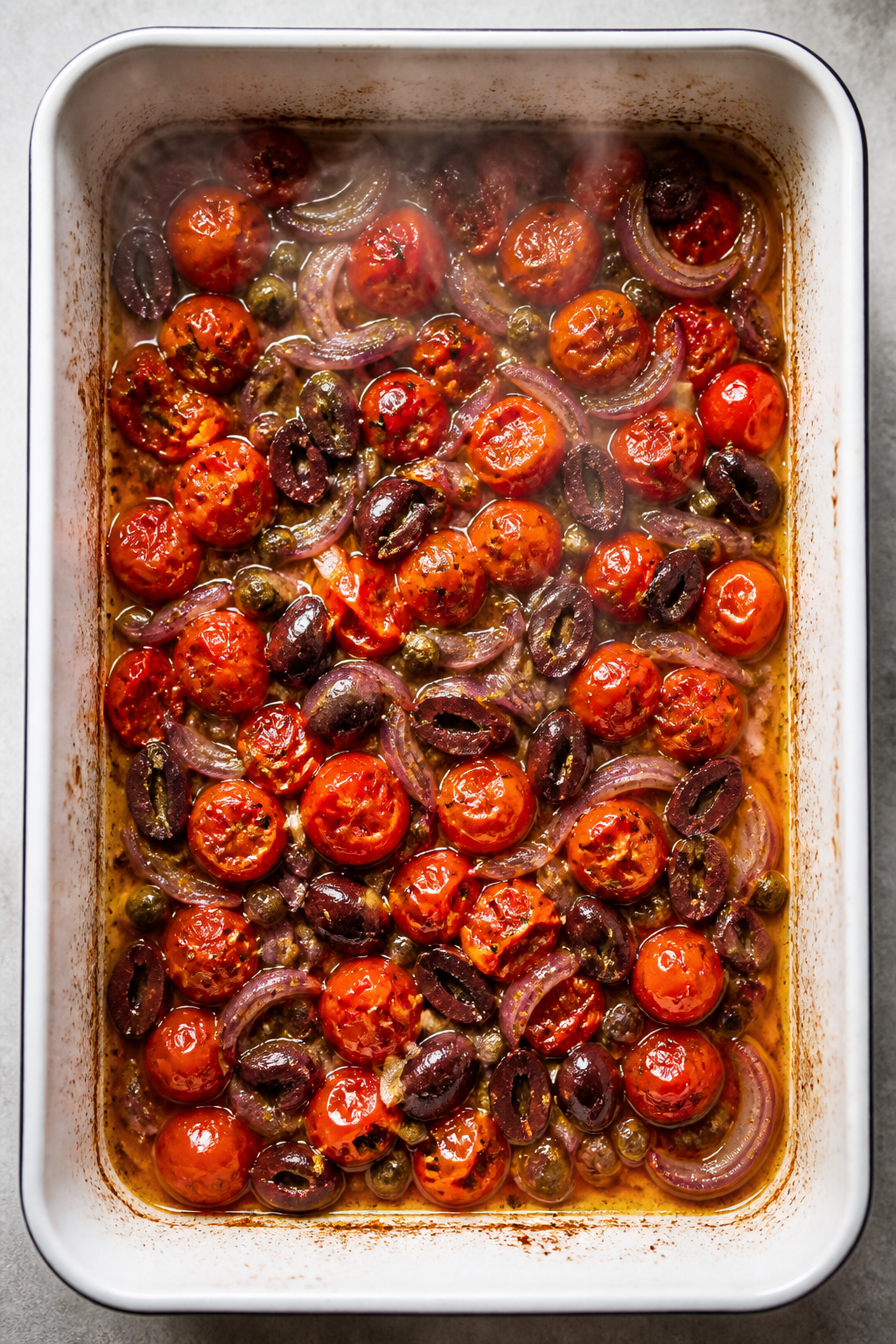 Cooking process — Roasted Mediterranean base in pan: Overhead shot of a 9x13 baking dish just out 