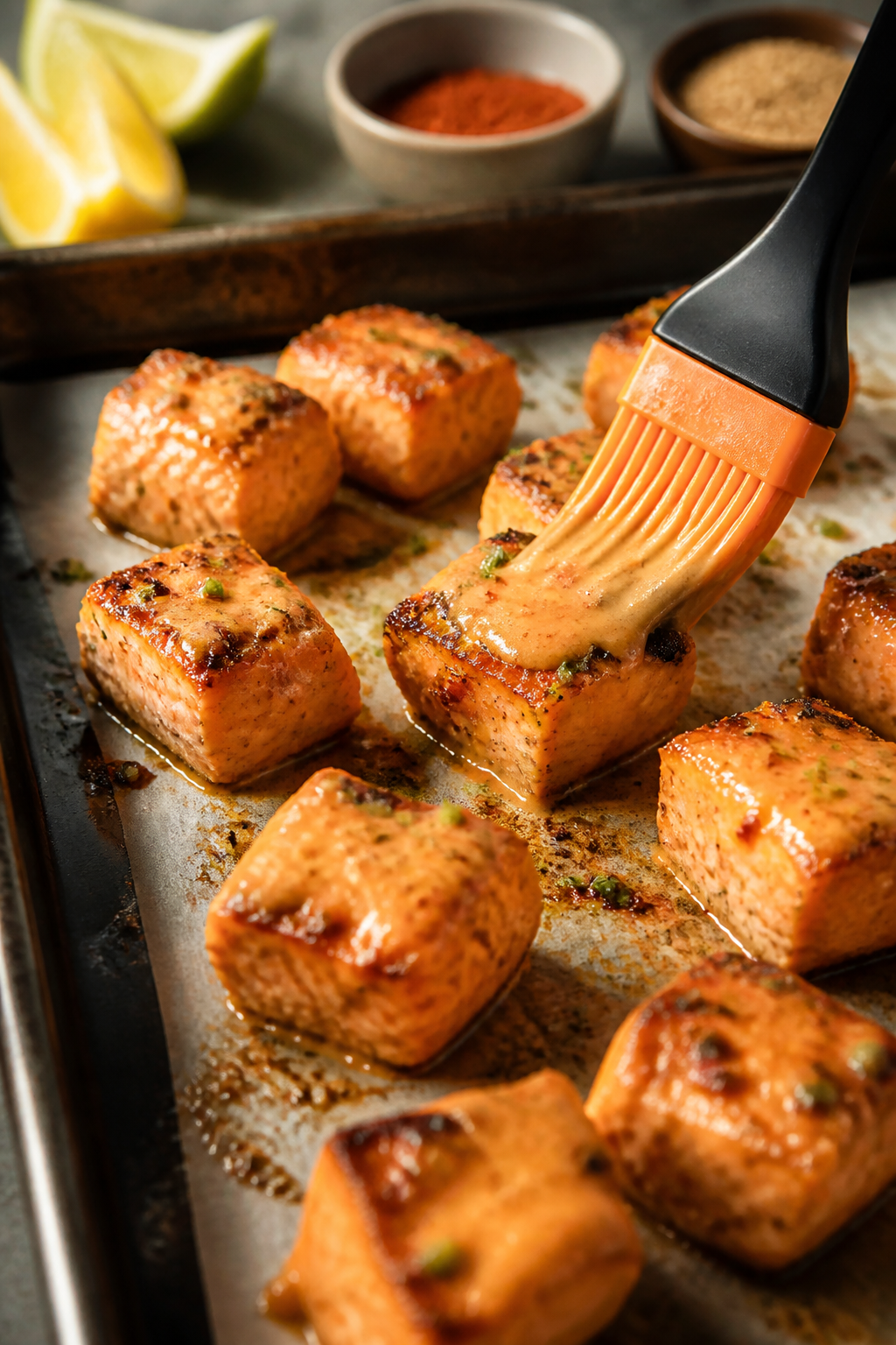 Cooking process: Salmon cubes on a parchment-lined sheet pan under the broiler, edges caramelized an
