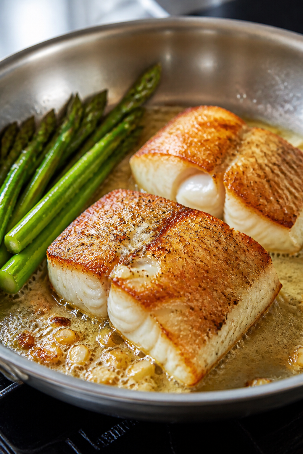 Cooking process, : Searing cod fillets in a stainless-steel skillet over medium-high heat, first sid