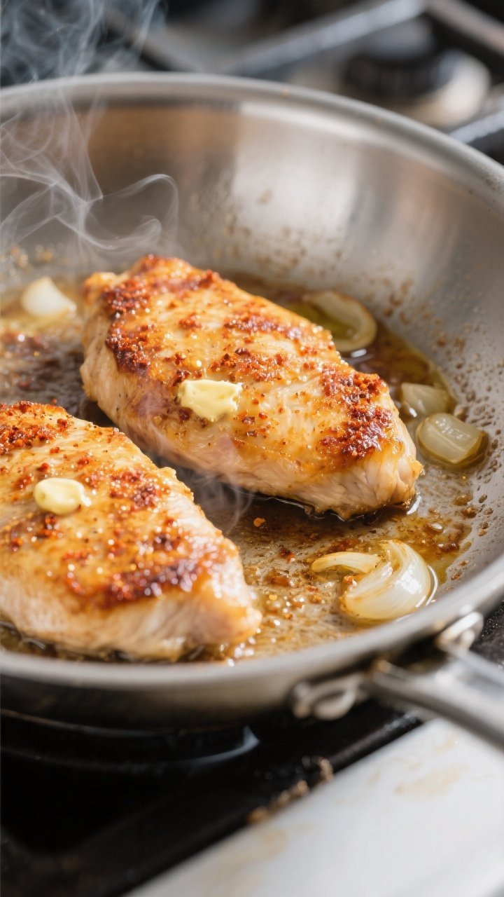 Cooking process — Searing stage: Golden-brown chicken cutlets sizzling in a stainless-steel skille