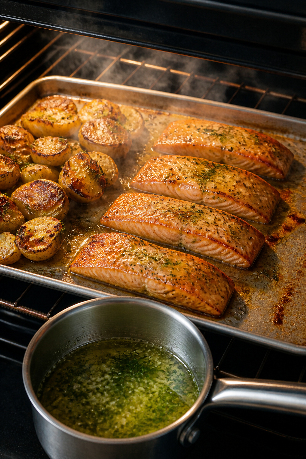 Cooking process: Sheet-pan lemon dill salmon roasting in the oven, mid-cook; salmon fillets skin-sid