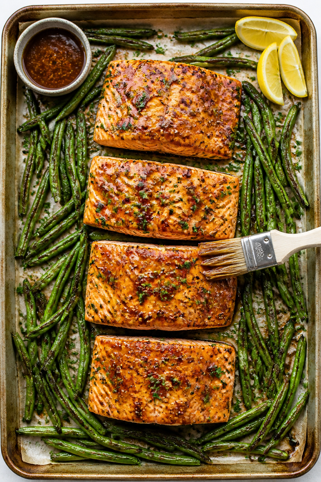 Cooking process: Sheet-pan roast at peak doneness, overhead shot of four salmon fillets nestled amon