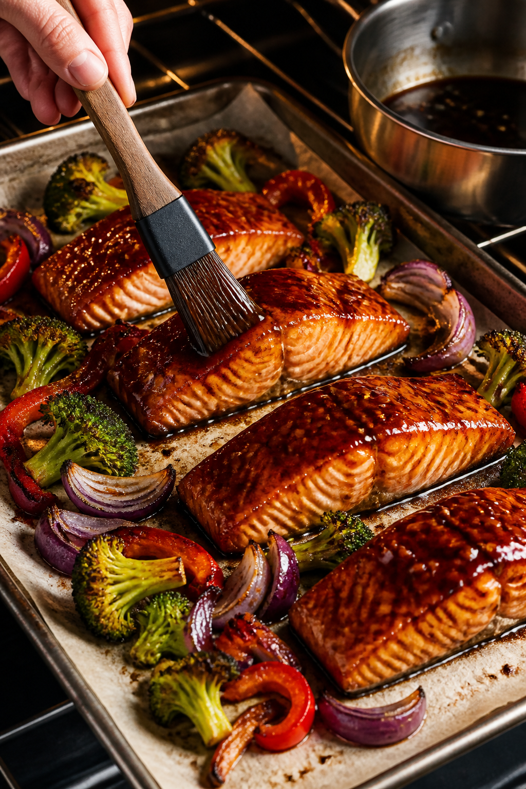 Cooking process shot: salmon fillets brushed generously with teriyaki sauce among pre-roasted vegeta