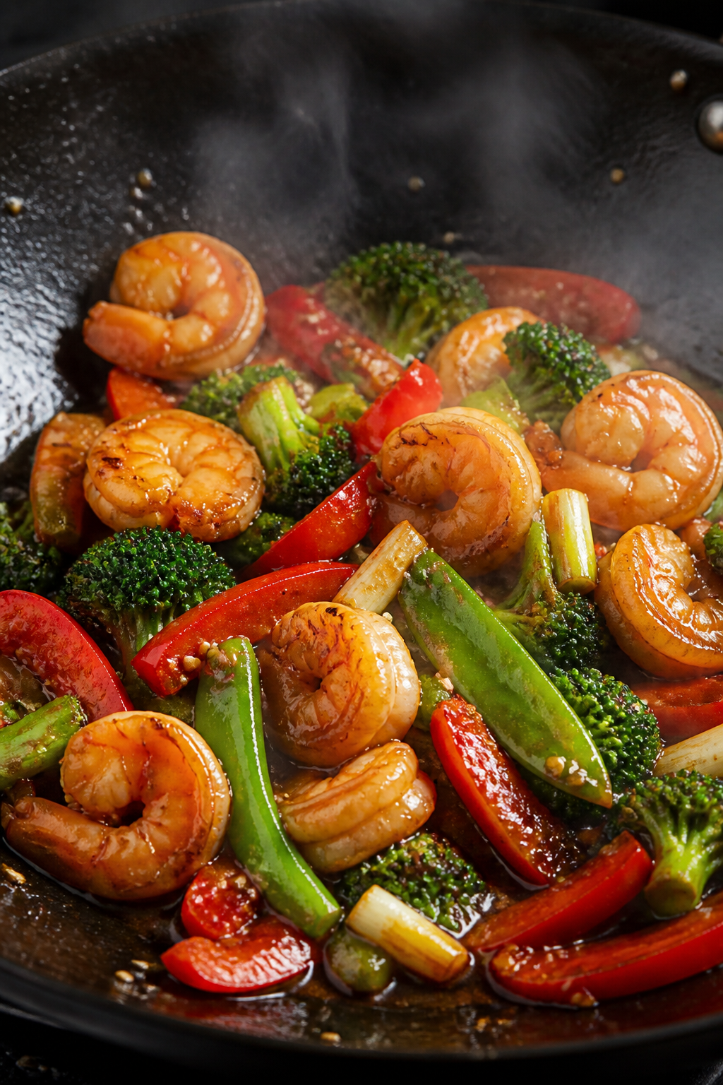 Cooking process — shrimp sear and sauce-gloss moment: Close-up of seared, pink-curled shrimp and c