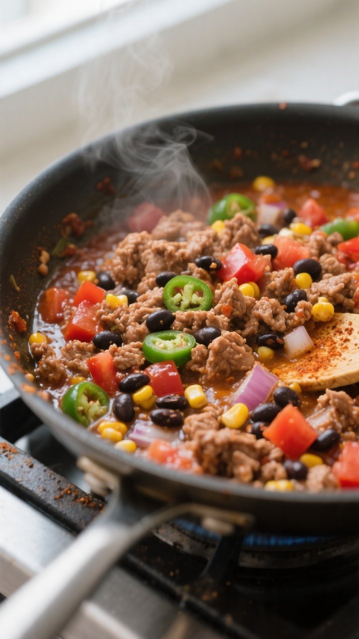 Cooking process, skillet close-up: Close-up of browned ground turkey simmering with diced tomatoes a