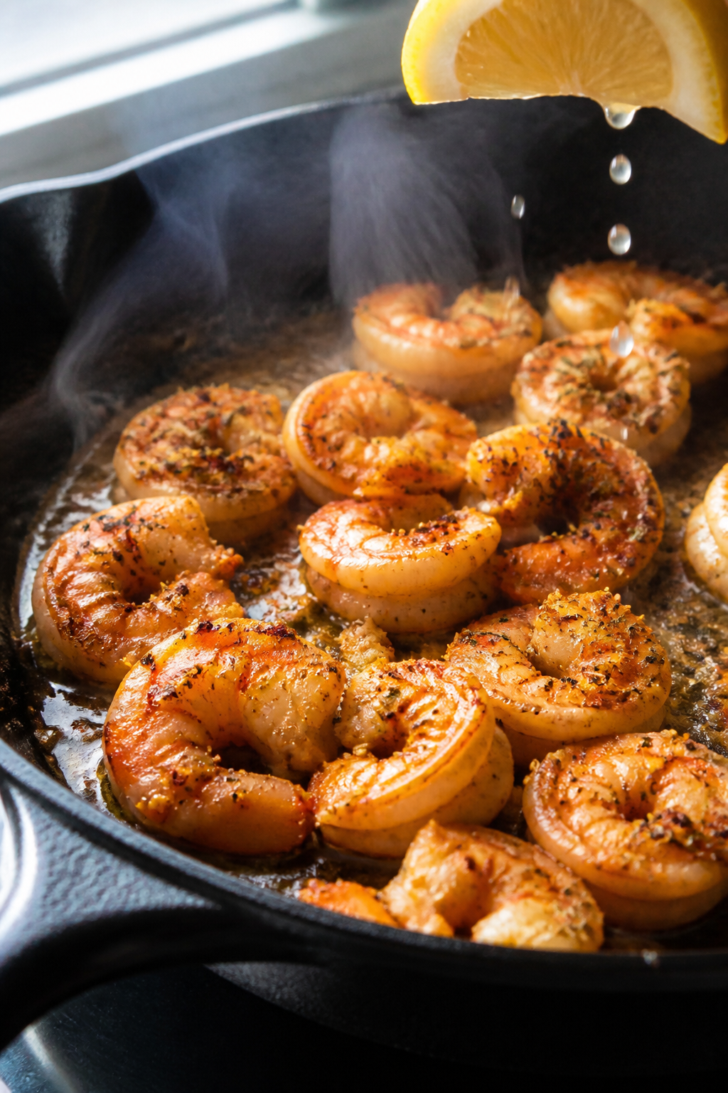 Cooking process, skillet sear: Medium-high heat action shot of lemon-garlic marinated shrimp sizzlin