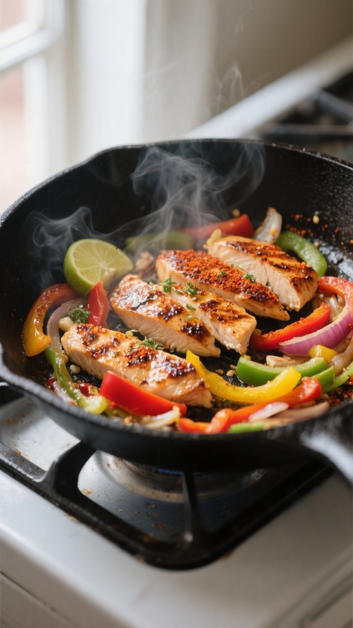 Cooking process, skillet sizzle: Searing chicken fajita strips in a large cast-iron skillet over med
