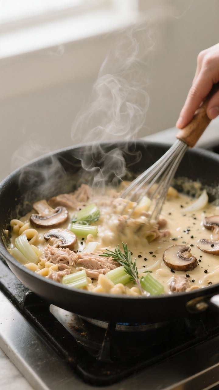 Cooking process, stovetop: A steamy, close-up shot of the creamy tuna casserole sauce being whisked