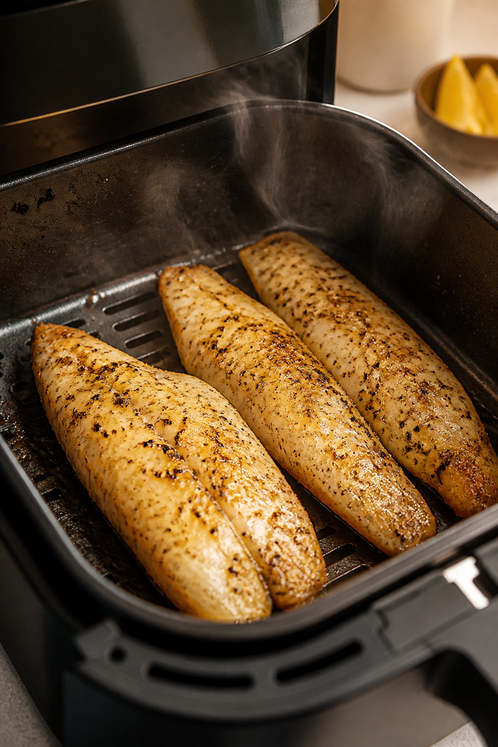 Cooking process: Tilapia fillets arranged in a single layer inside a preheated air fryer basket at 4