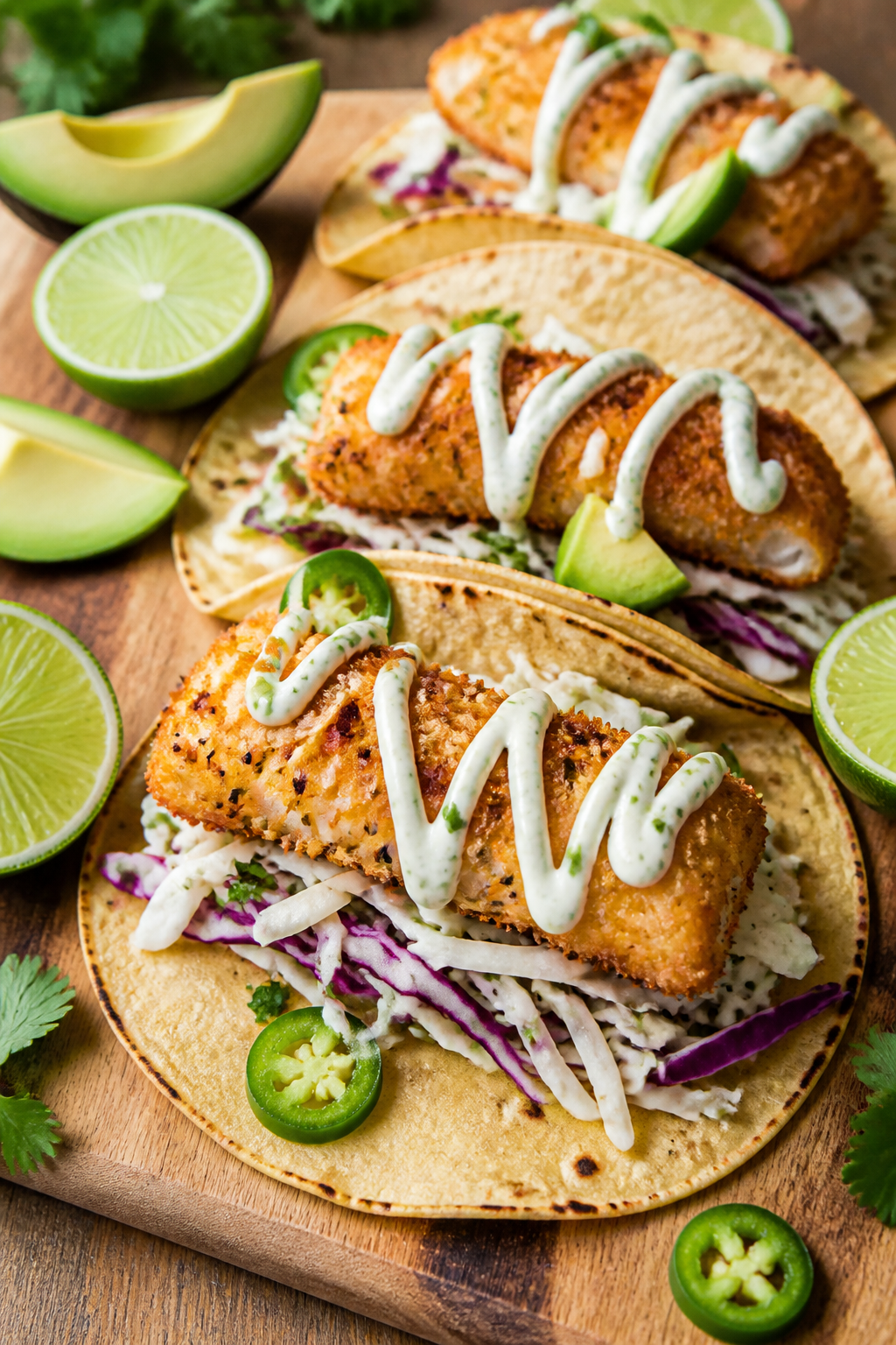Cooking process: Warm corn tortillas being filled on a wooden board—layer of lime-cilantro cabbage