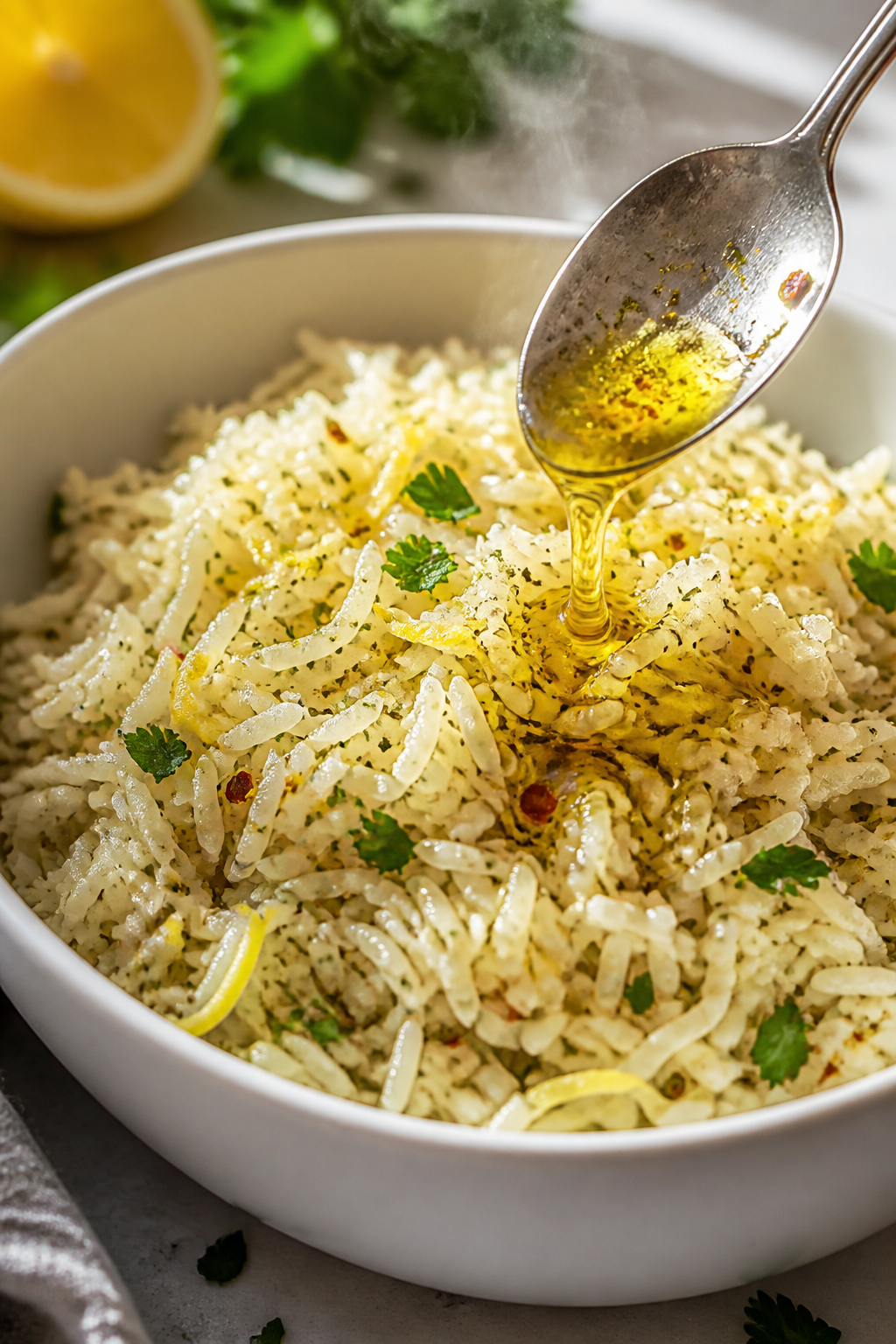Cooking process – Warm jasmine rice being tossed with lemon-garlic-oregano dressing in a matte whi