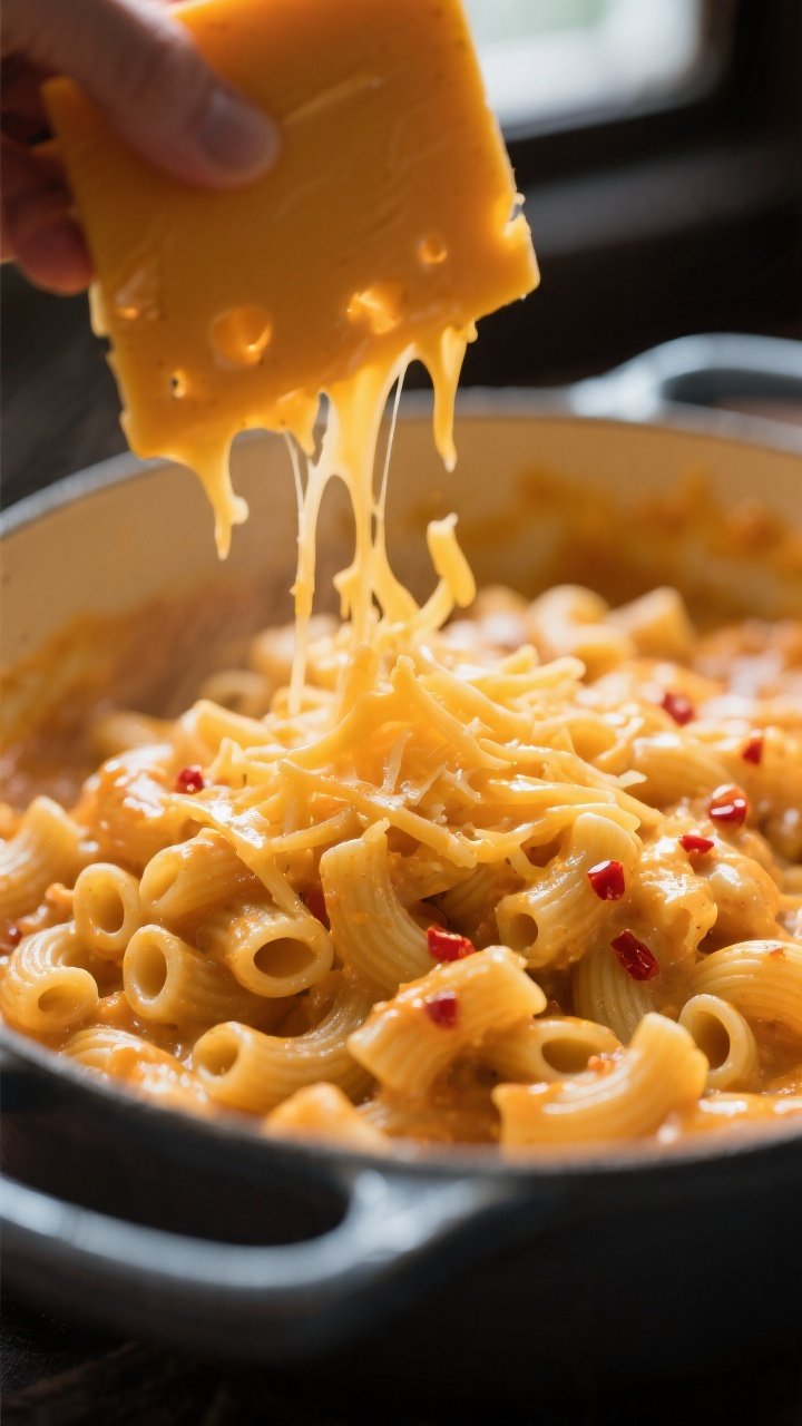 Creamy cheese melt moment: Macro shot of the finished one-pot pasta just off heat with freshly shred