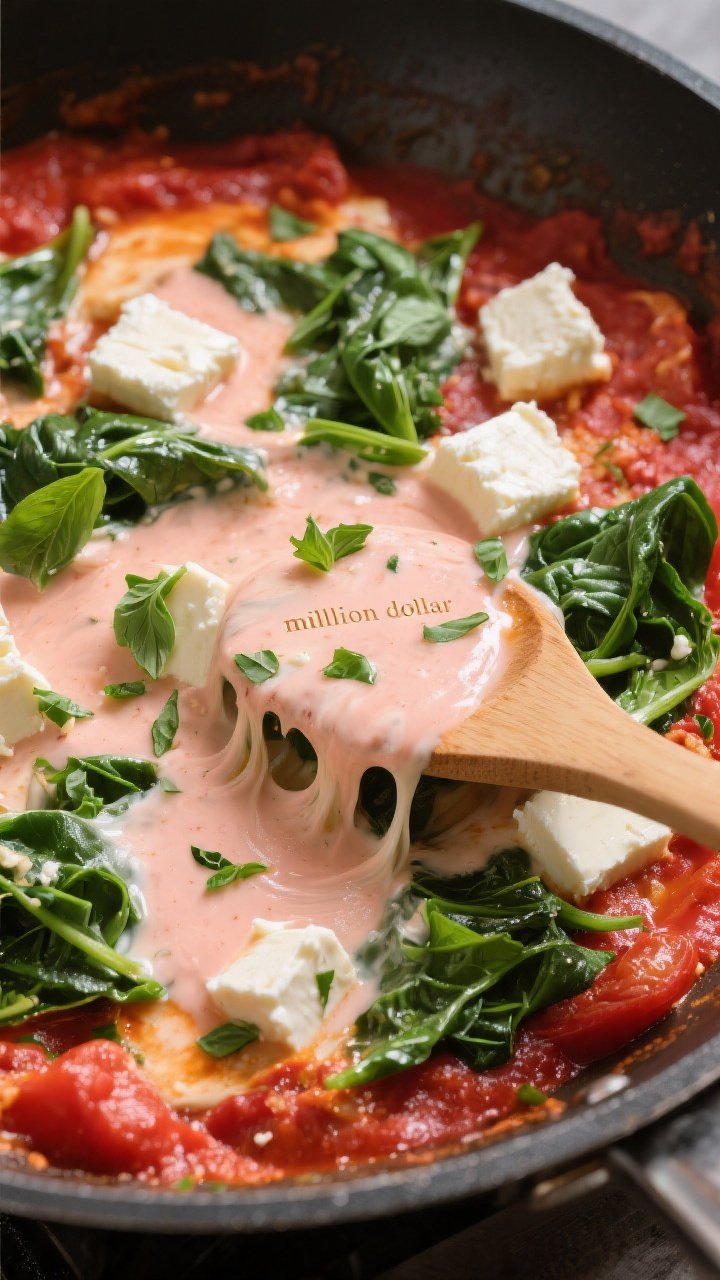 Creamy “million dollar” moment: Overhead shot of the skillet after spinach has wilted, showing t