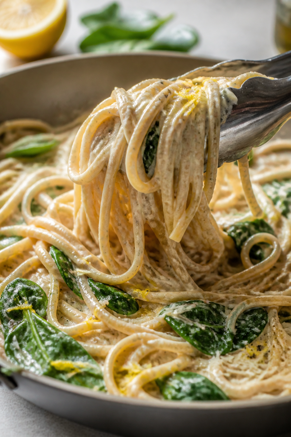 Creamy sauce close-up detail: Silky Greek-yogurt-based lemon-Parmesan sauce clinging to whole-grain
