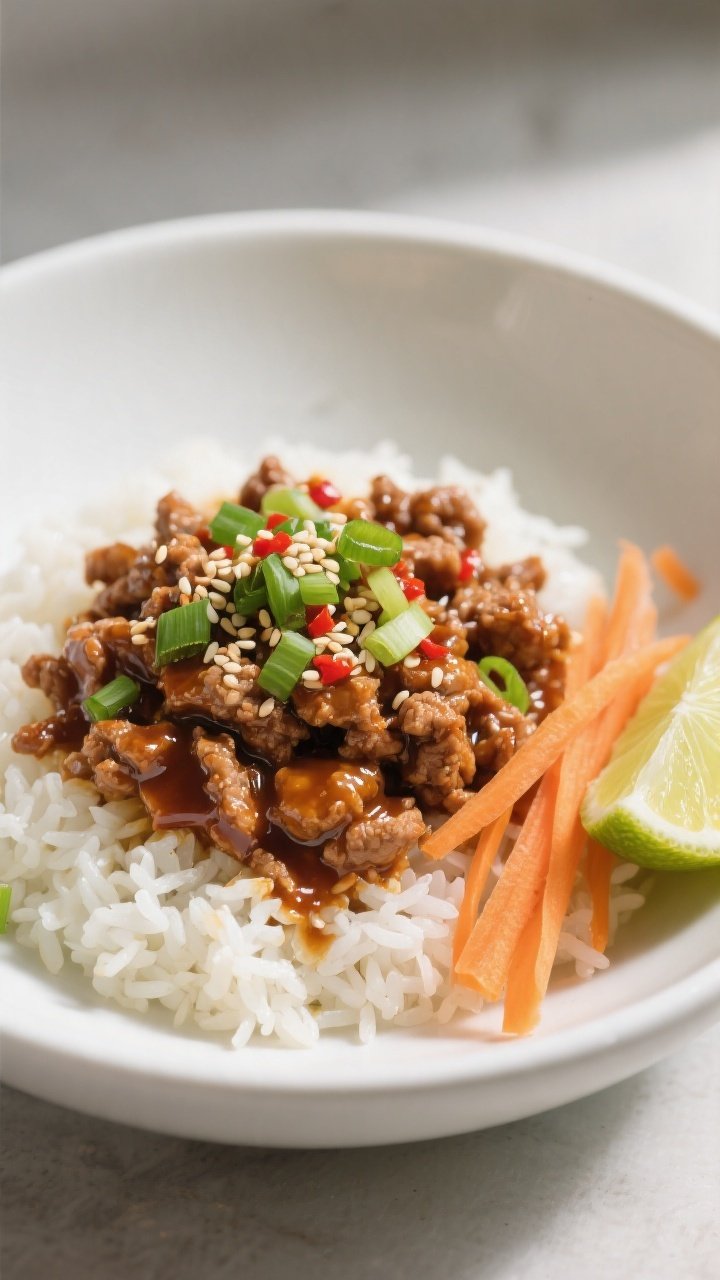 Final dish — Beautifully plated Ground Turkey Honey Garlic Bowl over fluffy jasmine rice in a wide