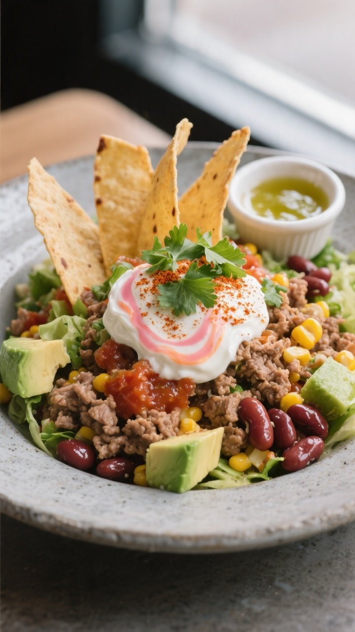 Final dish beauty — Restaurant-quality plated bowl highlighting creamy-tangy finish: Ground Turkey