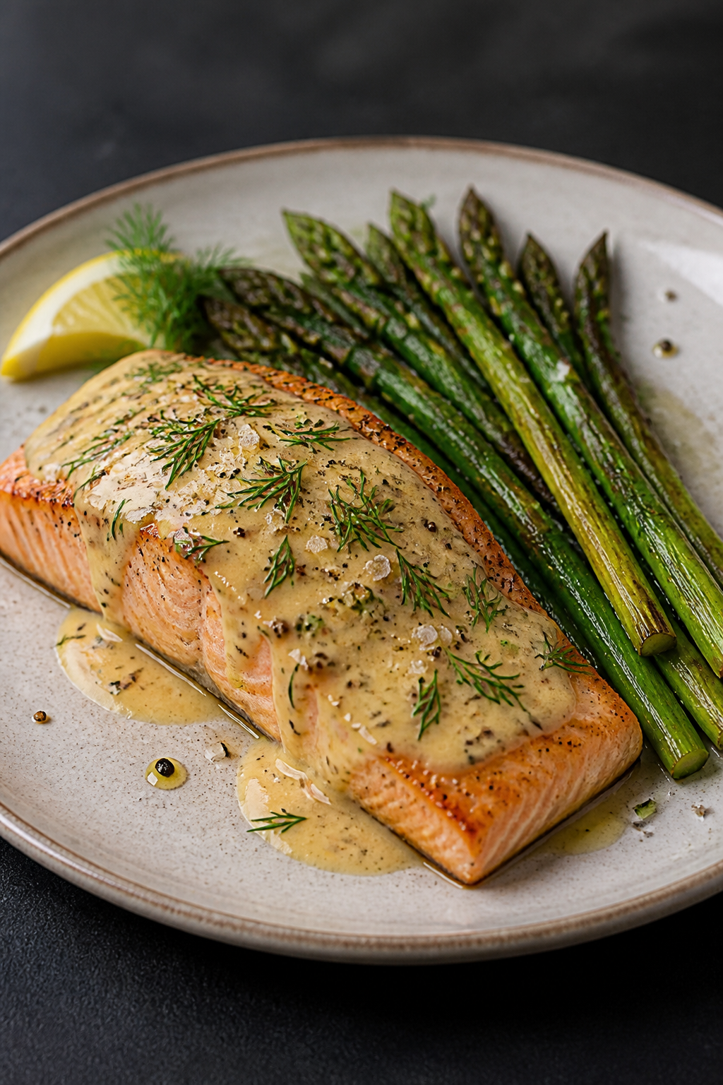 Final dish beauty: Restaurant-style presentation of a single salmon fillet glazed with Dijon-cream, 