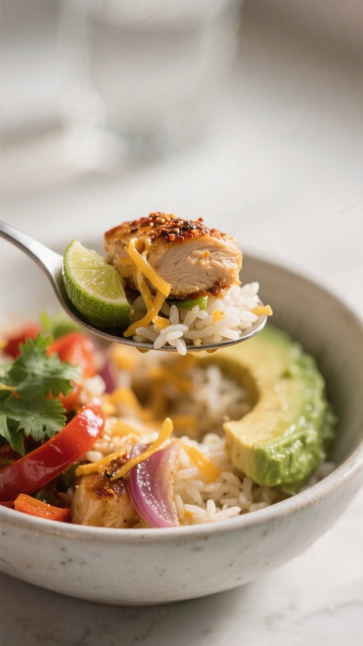 Final dish, close-up detail: Tight, mouthwatering close-up of a spoonful lifted from the bowl showin