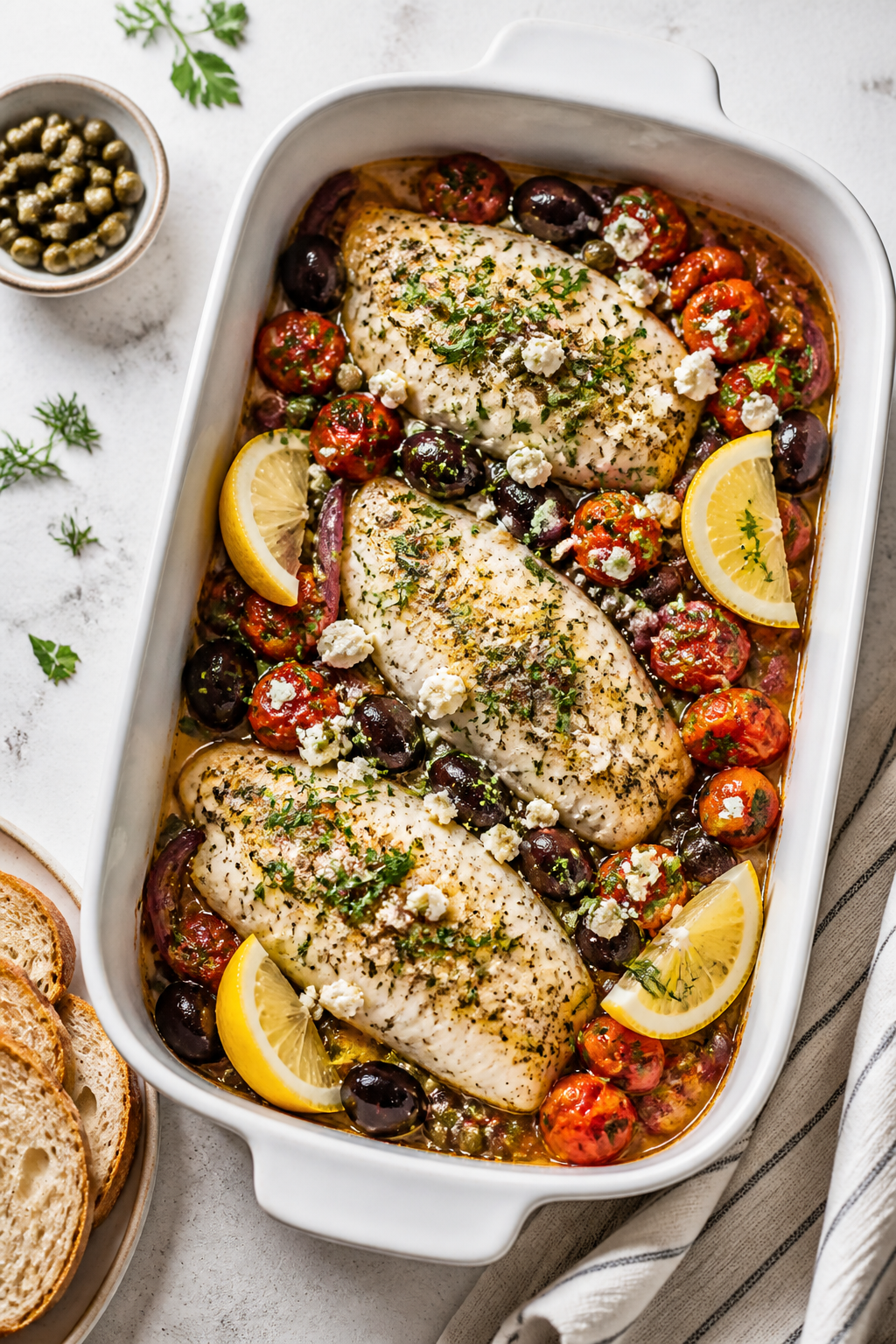 Final dish — Family-style presentation: Tasty of Greek-style baked cod served family-style in the 